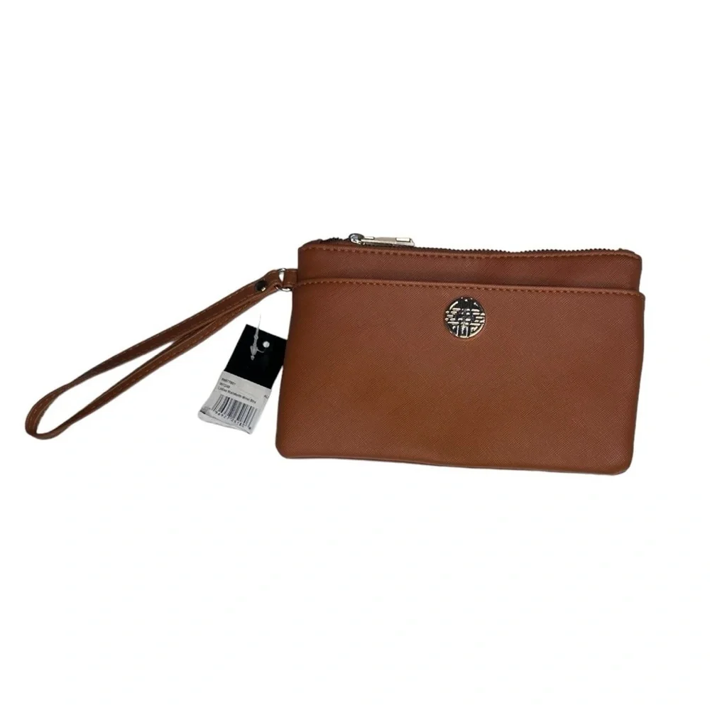 Rebecca & Rifka Saffiano Vegan Leather Wristlet NWT in Cognac